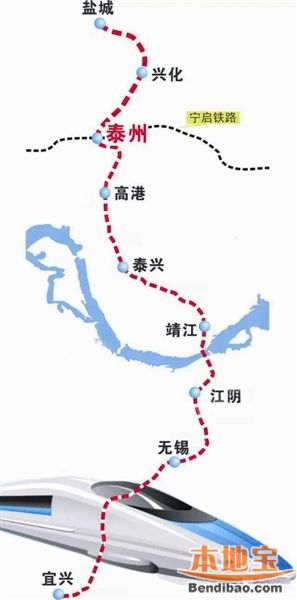 的鹽泰錫常宜城際鐵路線路圖可以看到,線路起自鹽城,向南經泰州,無錫