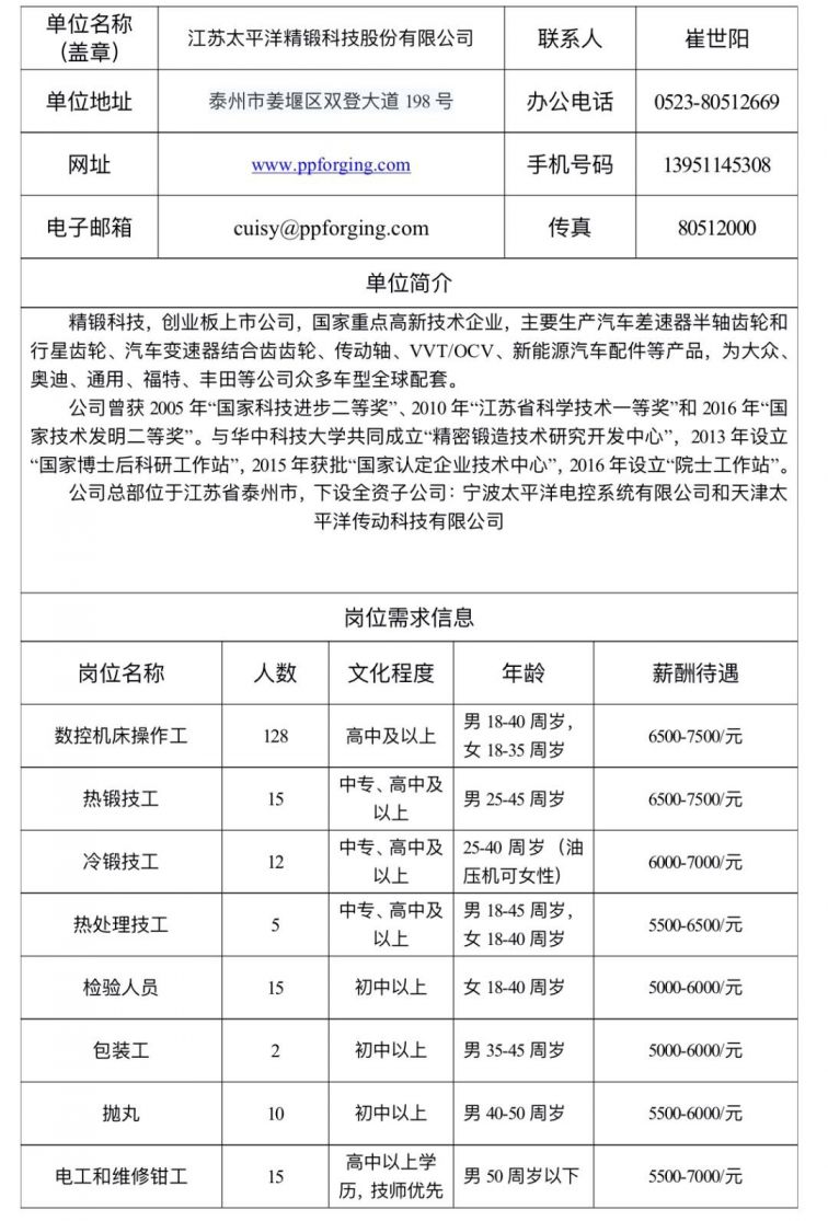 泰州復工企業招聘信息