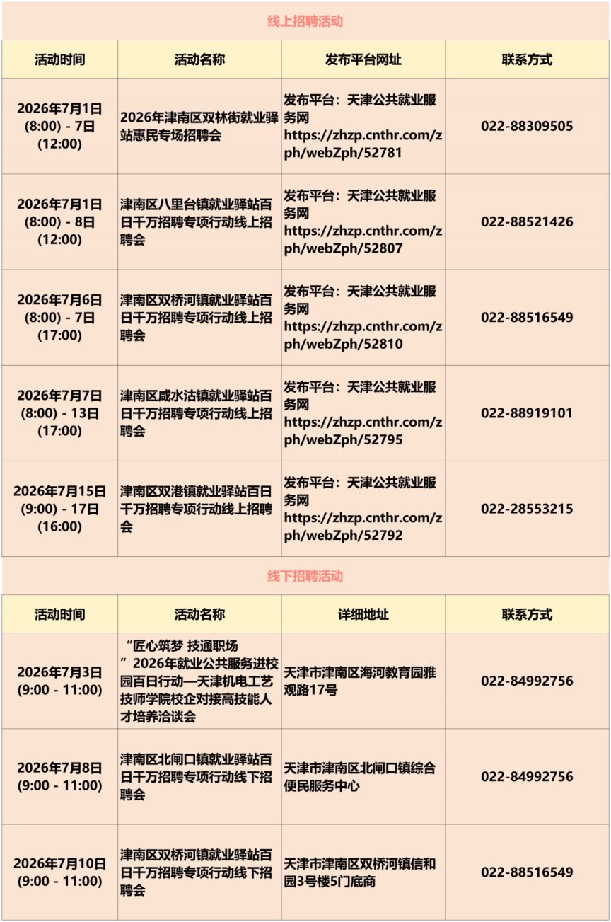 2026天津7月份招聘活动安排