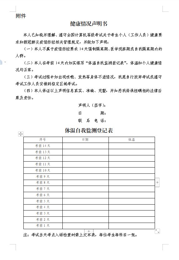 2021山東威海計算機考試體溫自我監測登記表下載