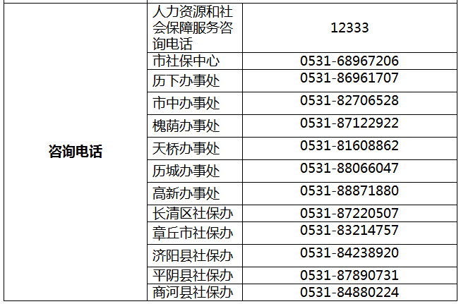0531-68967206还可以拨打各县区社保经办机构服务大厅的咨询电话进行