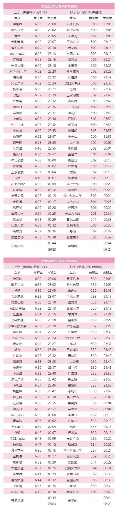 武汉地铁2号线天河机场运营时间