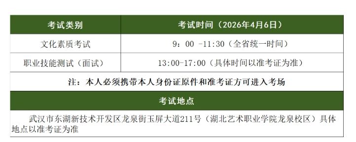 湖北艺术职业学院2026年单招考试时间