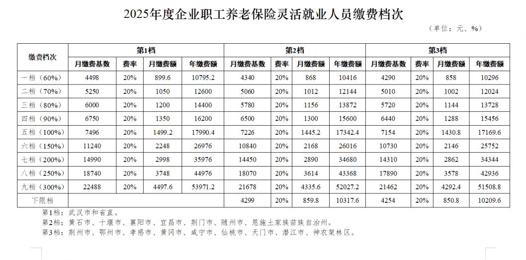 湖北社保缴费分几个档次？