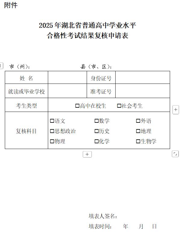 2025年湖北省普通高中学业水平合格性考试结果复核申请表下载入口