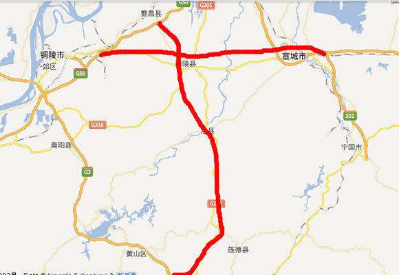 向南与铜南宣高速公路相交,经由南陵,泾县,旌德,终点或至黄山区谭家桥