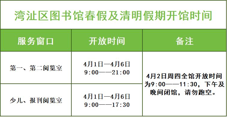 湾沚区图书馆2026中小学春假及清明假日正常开放