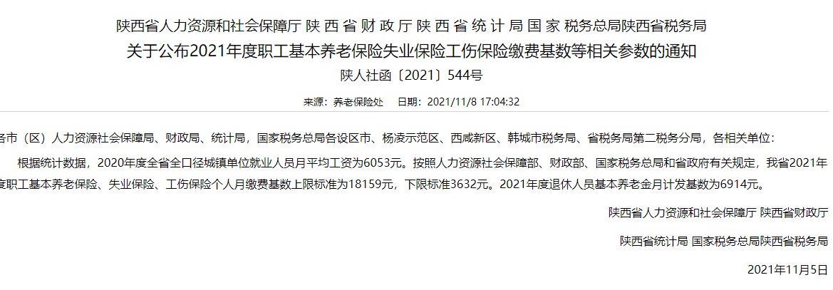 2021陕西省社保基数是多少