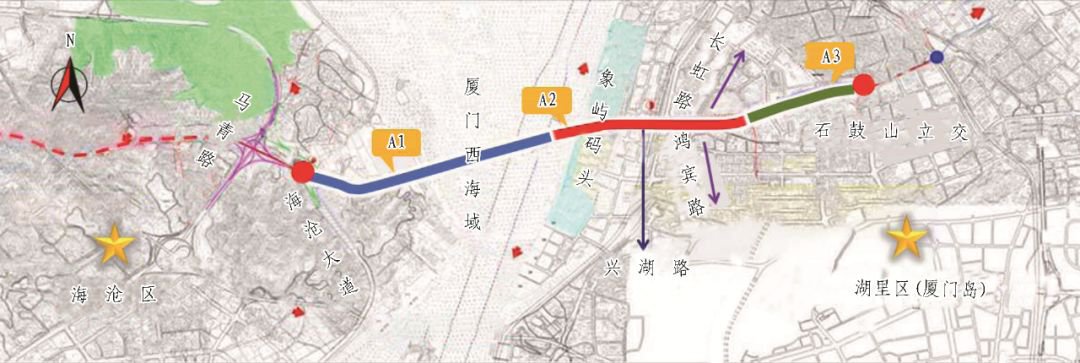 隧道形式穿越厦门西海域后进入本岛沿象屿港区,兴湖路下穿止于石鼓山