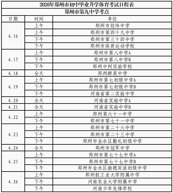2026年郑州市区初中毕业升学体育考试日程表出炉