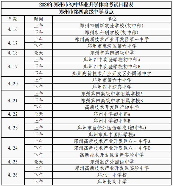 2026年郑州市区初中毕业升学体育考试日程表出炉