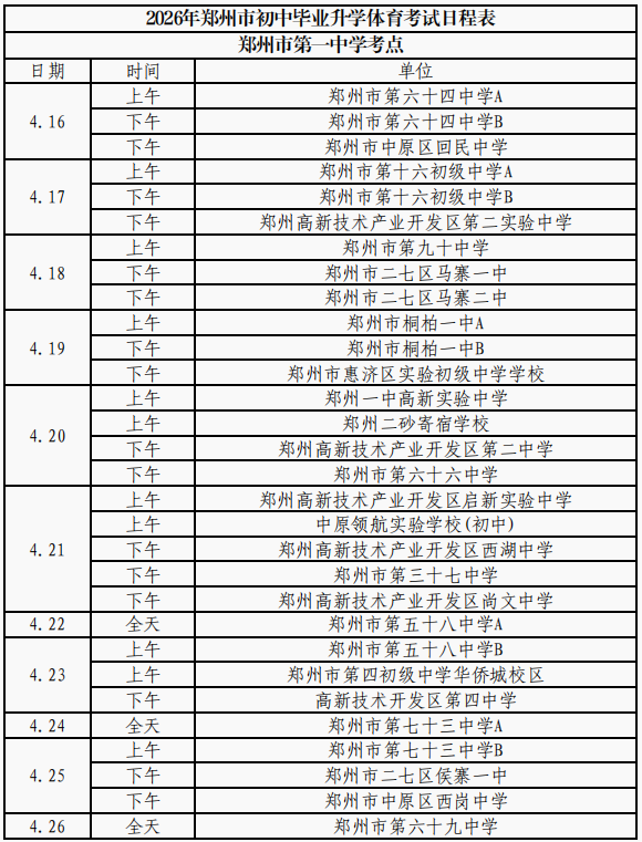2026年郑州市区初中毕业升学体育考试日程表出炉