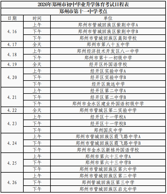 2026年郑州市区初中毕业升学体育考试日程表出炉