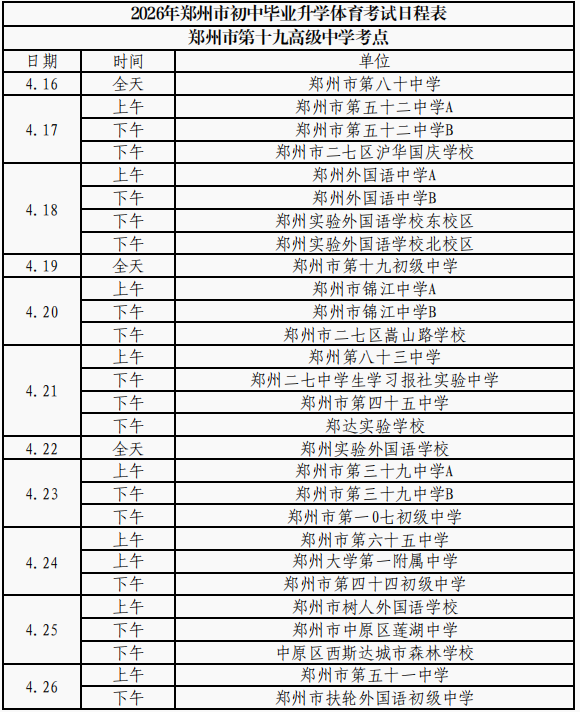 2026年郑州市区初中毕业升学体育考试日程表出炉