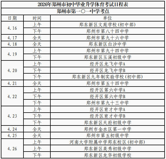 2026年郑州市区初中毕业升学体育考试日程表出炉