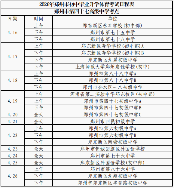 2026年郑州市区初中毕业升学体育考试日程表出炉