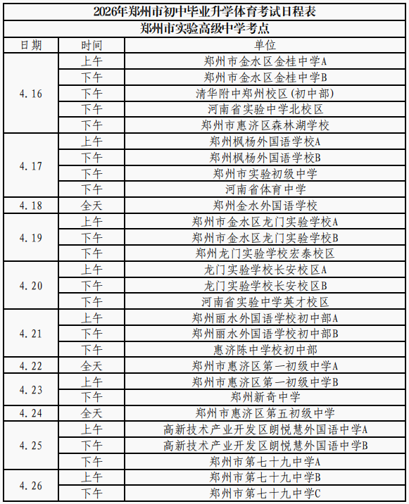 2026年郑州市区初中毕业升学体育考试日程表出炉